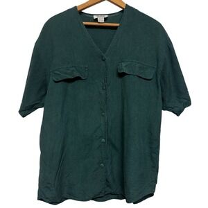 SOstanza Women's‎ Green Silk V Neck Short Sleeve Button Front Blouse Shirt Top M